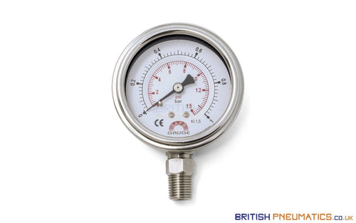 Watson Stainless Steel 1 Bar (15 Psi) Pressure Gauge (Bottom Entry) 1/4 BSPT General