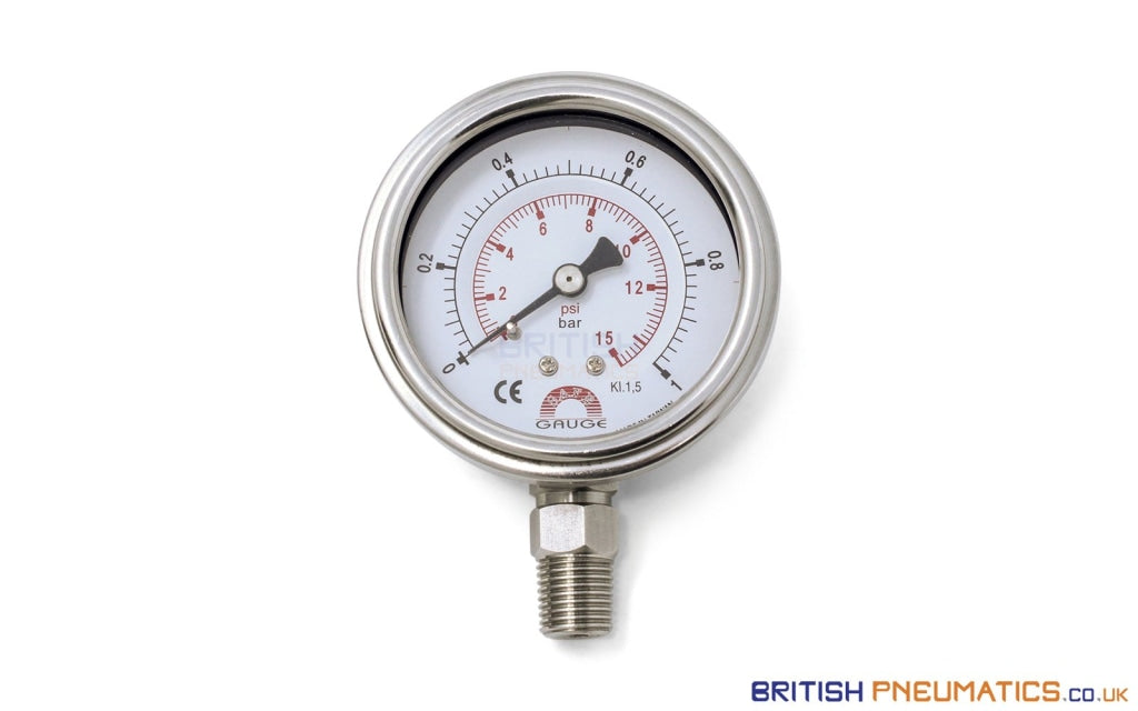 Watson Stainless Steel 1 Bar (15 Psi) Pressure Gauge (Bottom Entry) 1/4 BSPT General