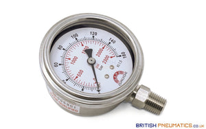 Watson Stainless Steel 160 Bar Pressure Gauge (Bottom Entry) 1/4" BSPT - British Pneumatics (Online Wholesale)