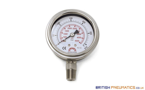 Watson Stainless Steel 300 BAR (4500 PSI) Pressure Gauge (Bottom Entry) 1/4